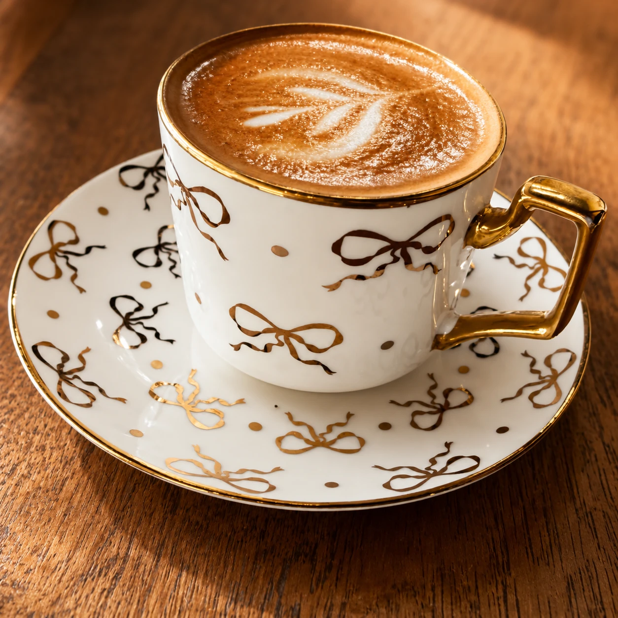 A latte with leaf art in a gold-rimmed porcelain cup at Café Magnolia
