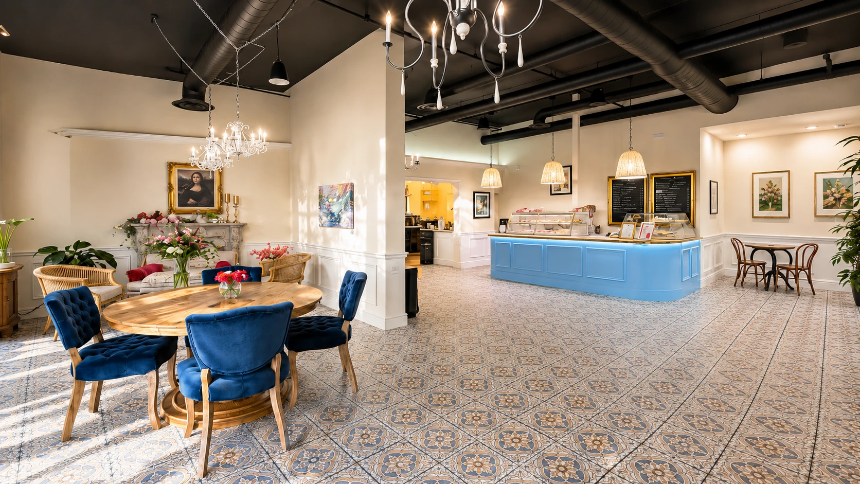 The dining room at Café Magnolia in Kennewick — patterned tile floor, chandeliers, velvet chairs and the pastry counter