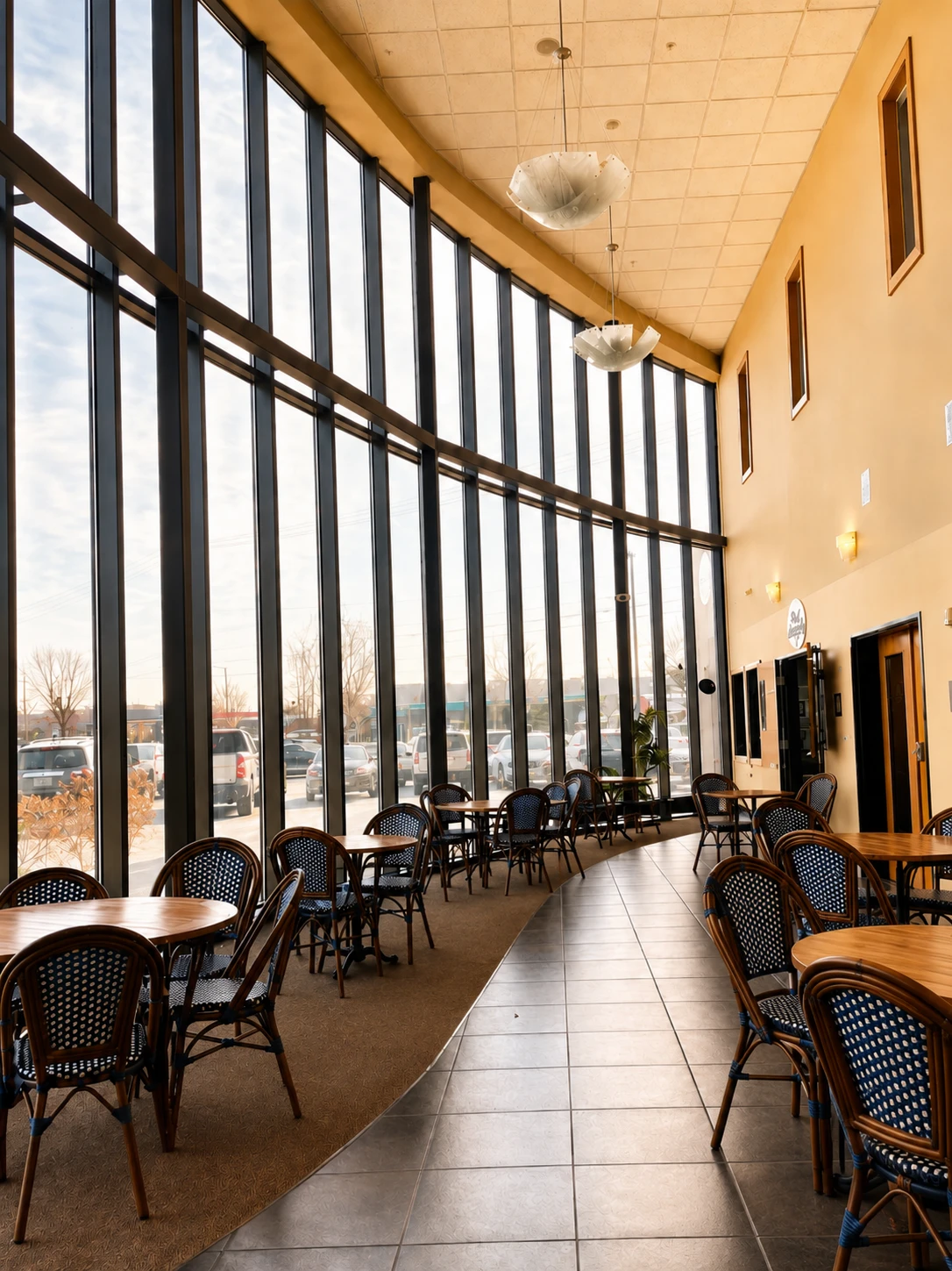 The sunlit dining room at Café Magnolia with floor-to-ceiling windows and French bistro chairs